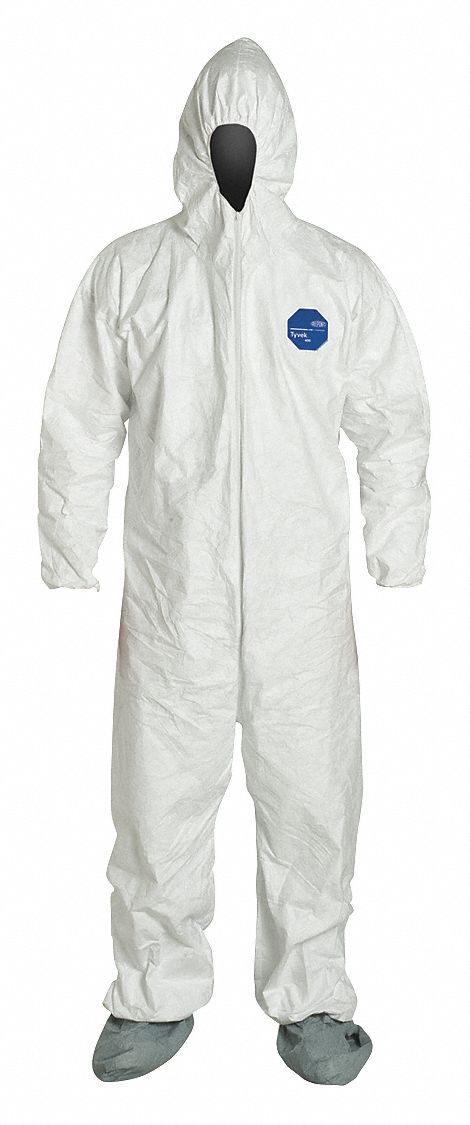 DuPont TY122SWHXL0025NF Tyvek 400 Hooded Chemical Resistant Coveralls, XL, Elastic Wrist, Boot Covers, Zipper, White, 25 PK