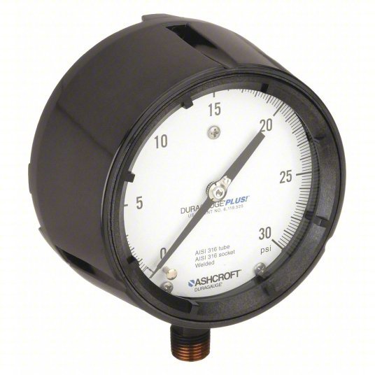 Ashcroft 451279SS04LXLL30 Pressure Gauge, 0 to 30 psi, 1/2 in MNPT, Plastic, Black