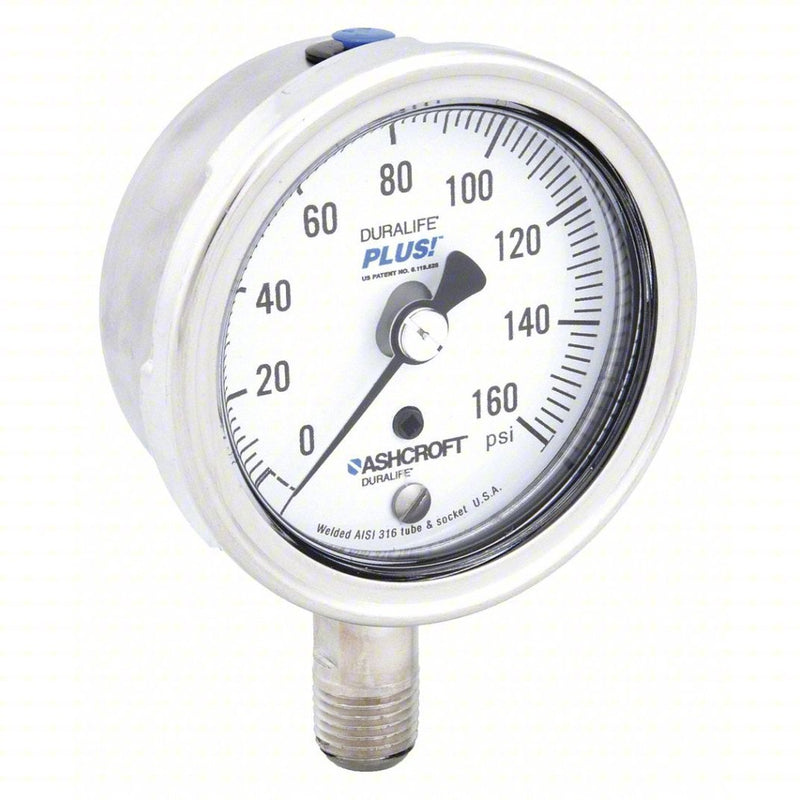 Ashcroft 251009SW02LXLL160 Industrial Pressure Gauge 0 to 160 psi, 2 1/2 in Dial, Dry Case Vibration-Dampened, Bottom