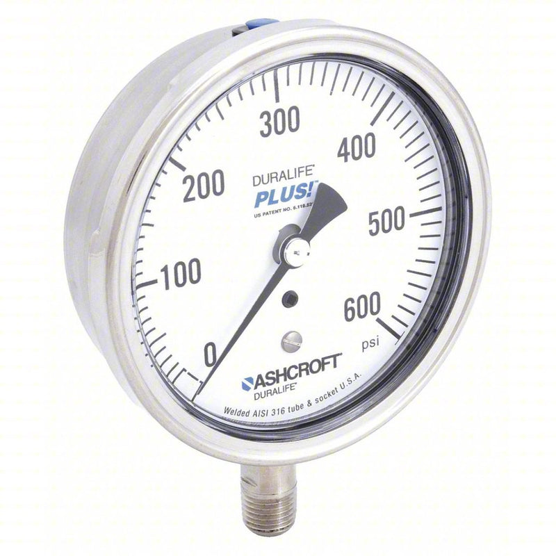 Ashcroft 351009SW02LXLL600 Industrial Pressure Gauge 0 to 600 psi, 3 1/2 in Dial, Dry Case Vibration-Dampened, Bottom