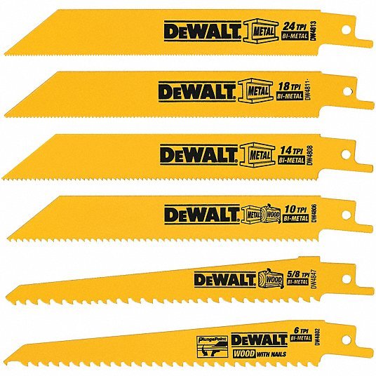 Dewalt DW4856 Reciprocating Saw Blade Set 10/14/18/24/6 Teeth per Inch, 6 in Blade Lg, 3/4 in Blade Wd