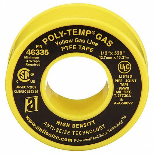 Anti-Seize 46335A Thread Sealant Tape POLY-TEMP® GAS (XHD), Extra HD, 1/2 in x 43 ft, Yellow