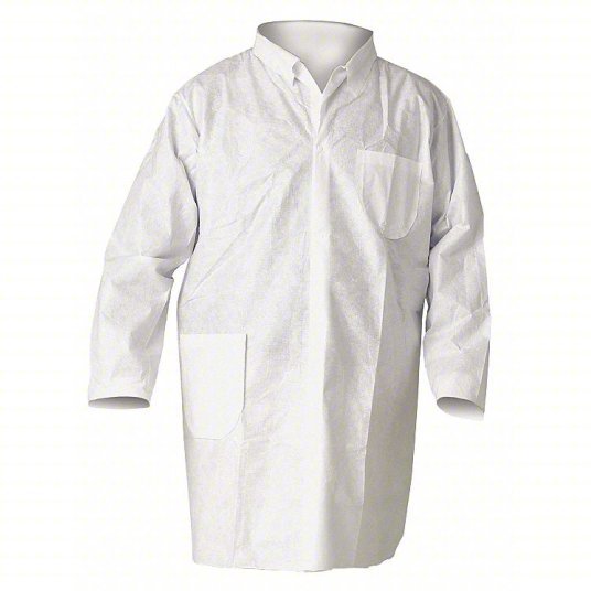 Kimberly-Clark 10019 Disposable Lab Coat SMMMS, Mandarin Collar, Snaps Closure, 2 Pockets, Open Cuff, M