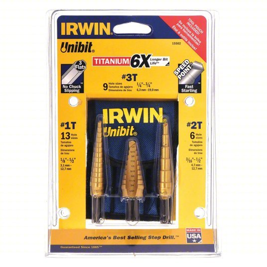 Irwin 15502 Step Drill Bit Set 17 Hole Sizes, 1/4 in to 3/4 in/1/8 in to 1/2 in/3/16 in to 1/2 in