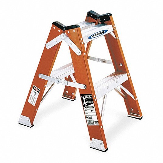 Werner T6202 Step Stool 2 Steps, 2 ft Overall Ht, 300 lb Load Cap, Fiberglass, 2 ft Standing Ht