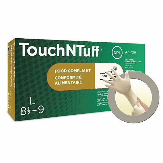 Touchntuff 69-318 Lightweight Latex Exam Gloves, Natural Rubber Latex, Powder Free, Natural, 100 PK