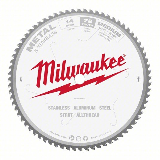 Milwaukee 48-40-4505 Circular Saw Blade 14 in Blade Dia., 72 Teeth, 0.086 in Cut Wd, 1 in Arbor Size