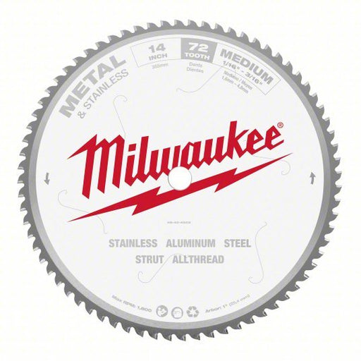 Milwaukee 48-40-4505 Circular Saw Blade 14 in Blade Dia., 72 Teeth, 0.086 in Cut Wd, 1 in Arbor Size