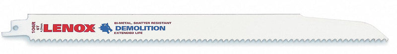 Lenox 20373106R5 Demolition Reciprocating Saw Blade, Bi-Metal, 6 TPI, 12 in Lg, Nail-Embedded Wood, 5 PK