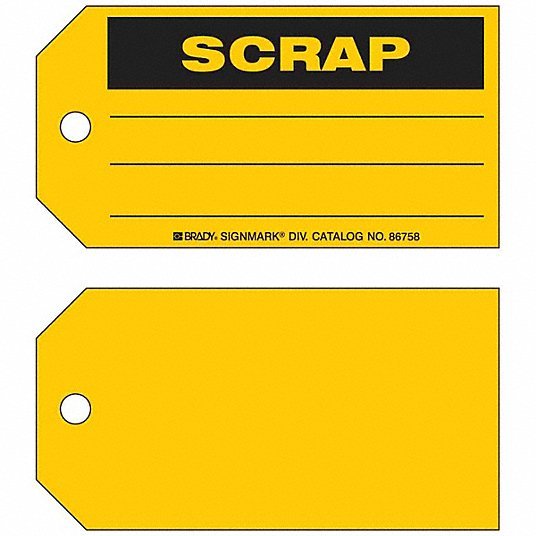 Brady 86758 Tag Scrap, 5 3/4 in Wd, 3 in Ht, Yellow, Rectangle, Paper, Indoor, English, 100 PK
