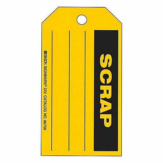 Brady 86758 Tag Scrap, 5 3/4 in Wd, 3 in Ht, Yellow, Rectangle, Paper, Indoor, English, 100 PK