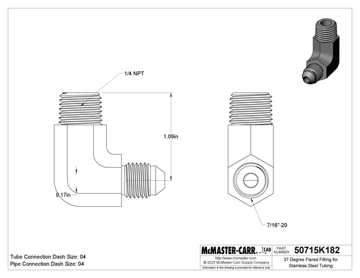 McMaster 50715K182 37 Degree Flared Fitting for Stainless Steel Tubing 90 Degree Adapter for 1/4" Tube OD x 1/4 NPT Male
