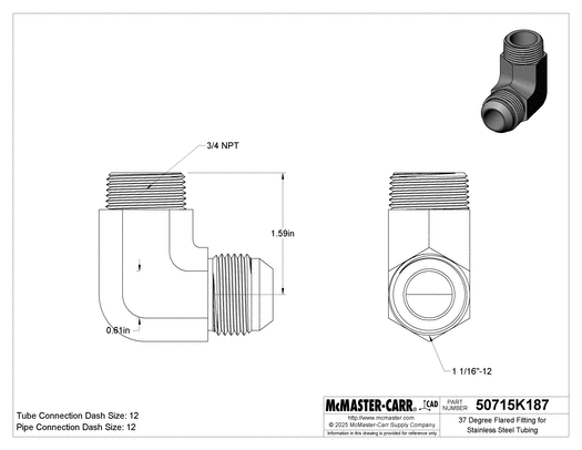 McMaster 50715K187 37 Degree Flared Fitting for Stainless Steel Tubing 90 Degree Adapter for 3/4" Tube OD x 3/4 NPT Male