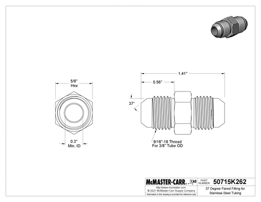 McMaster 50715K262 37 Degree Flared Fitting for Stainless Steel Tubing Straight Connector for 3/8" Tube OD