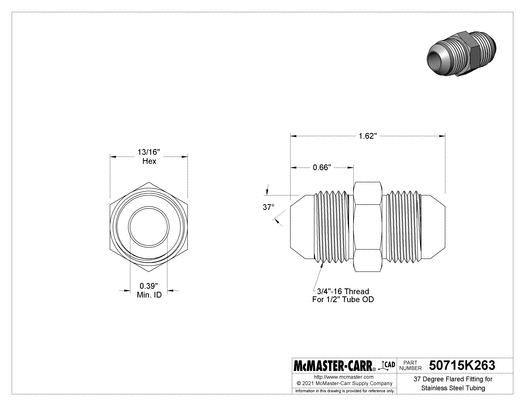 McMaster 50715K263 37 Degree Flared Fitting for Stainless Steel Tubing Straight Connector for 1/2" Tube OD