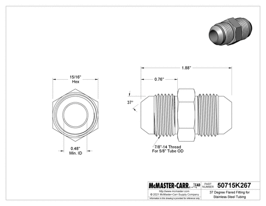 McMaster 50715K267 37 Degree Flared Fitting for Stainless Steel Tubing Straight Connector for 5/8" Tube OD