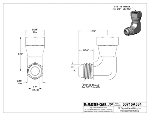 McMaster 50715K534 37 Degree Flared Fitting for Stainless Steel Tubing 90 Degree Swivel Adapter for 3/8" OD Tube x Female Tube