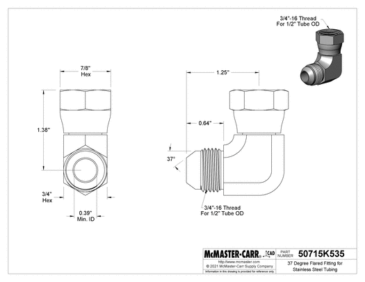 McMaster 50715K535 37 Degree Flared Fitting for Stainless Steel Tubing 90 Degree Swivel Adapter for 1/2" OD Tube x Female Tube