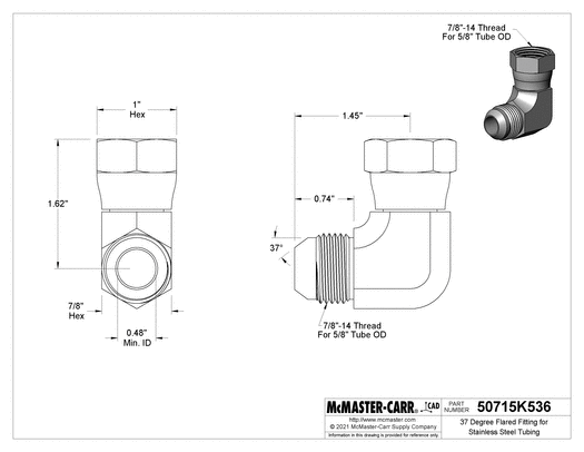 McMaster 50715K536 37 Degree Flared Fitting for Stainless Steel Tubing 90 Degree Swivel Adapter for 5/8" OD Tube x Female Tube