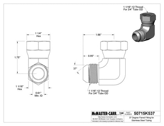 McMaster 50715K537 37 Degree Flared Fitting for Stainless Steel Tubing 90 Degree Swivel Adapter for 3/4" OD Tube x Female Tube