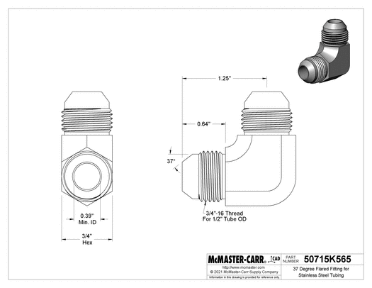 McMaster 50715K565 37 Degree Flared Fitting for Stainless Steel Tubing 90 Degree Elbow Connector for 1/2" Tube OD