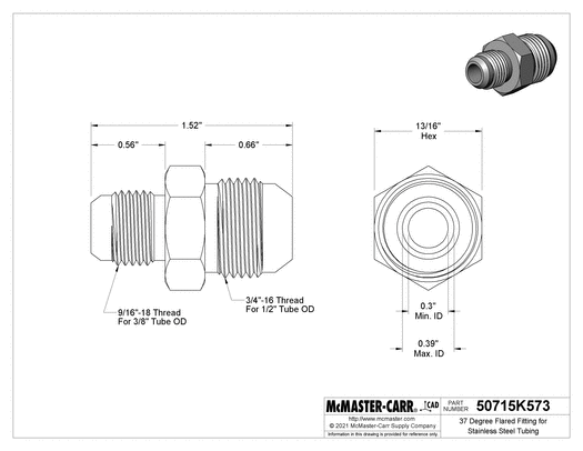 McMaster 50715K573 37 Degree Flared Fitting for Stainless Steel Tubing Straight Reducer for 1/2" Tube OD x 3/8" Tube OD
