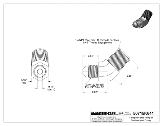 McMaster 50715K641 37 Degree Flared Fitting for Stainless Steel Tubing 45 Degree Adapter for 1/4" Tube OD x 1/4 NPT Male