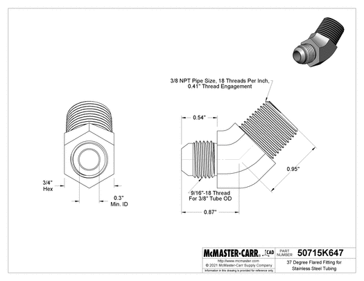 McMaster 50715K647 37 Degree Flared Fitting for Stainless Steel Tubing 45 Degree Adapter for 3/8" Tube OD x 3/8 NPT Male