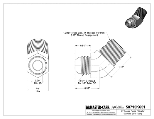 McMaster 50715K651 37 Degree Flared Fitting for Stainless Steel Tubing 45 Degree Adapter for 1/2" Tube OD x 1/2 NPT Male