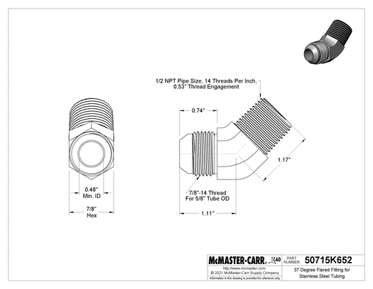 McMaster 50715K652 37 Degree Flared Fitting for Stainless Steel Tubing 45 Degree Adapter for 5/8" Tube OD x 1/2 NPT Male
