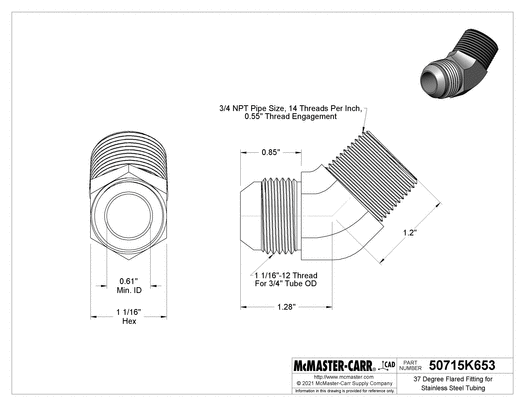 McMaster 50715K653 37 Degree Flared Fitting for Stainless Steel Tubing 45 Degree Adapter for 3/4" Tube OD x 3/4 NPT Male