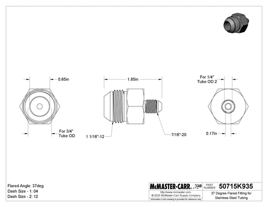 McMaster 50715K935 37 Degree Flared Fitting for Stainless Steel Tubing Straight Reducer for 3/4" Tube OD x 1/4" Tube OD