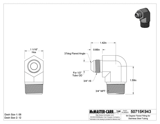 McMaster 50715K943 37 Degree Flared Fitting for Stainless Steel Tubing 90 Degree Adapter for 1/2" Tube OD x 3/4 NPT Male