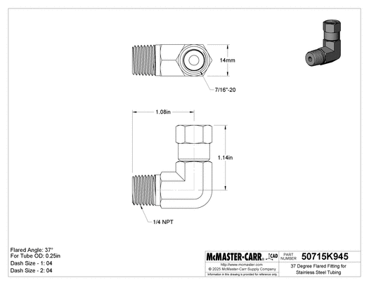 McMaster 50715K945 37 Degree Flared Fitting for Stainless Steel Tubing 90 Degree Swivel Adapter for 1/4" Tube OD x 1/4 NPT Male