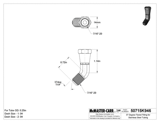 McMaster 50715K946 37 Degree Flared Fitting for Stainless Steel Tubing 45 Degree Elbow Adapter for 1/4" OD Tube x Female Tube