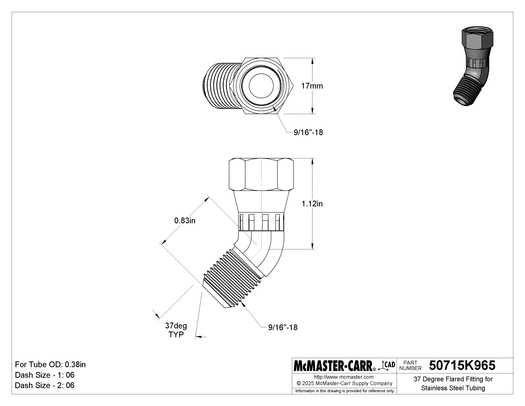McMaster 50715K965 37 Degree Flared Fitting for Stainless Steel Tubing 45 Degree Elbow Adapter for 3/8" OD Tube x Female Tube