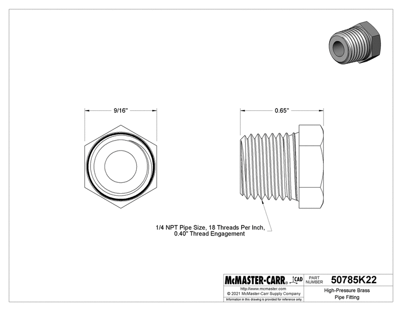 McMaster 50785K22 Hollow Plug with External Hex Drive, 1/4 NPT