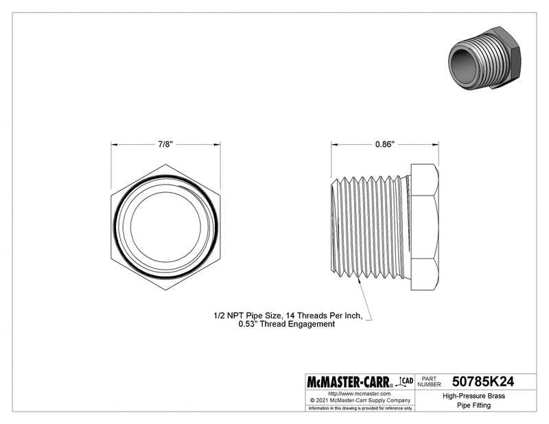 McMaster 50785K24 Hollow Plug with External Hex Drive, 1/2 NPT