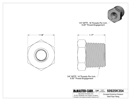 McMaster 50925K354 Compact Extreme-Pressure Steel Pipe Fitting Bushing Adapter, 3/4 NPTF Male x 1/4 NPTF Female