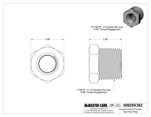 McMaster 50925K362 Compact Extreme-Pressure Steel Pipe Fitting Bushing Adapter, 1 NPTF Male x 1/2 NPTF Female