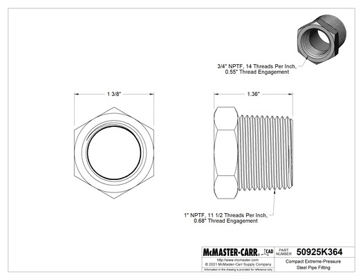McMaster 50925K364 Compact Extreme-Pressure Steel Pipe Fitting Bushing Adapter, 1 NPTF Male x 3/4 NPTF Female