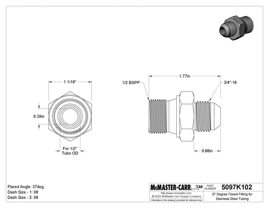 McMaster 5097K102 37 Degree Flared Fitting for Stainless Steel Tubing Straight Adapter for 1/2" Tube OD x 1/2 BSPP Male
