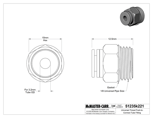 McMaster 51235K221 Universal-Thread Push-to-Connect Tube Fitting, Straight Adapter, for 3 mm Tube OD × 1/8 Male Pipe Size