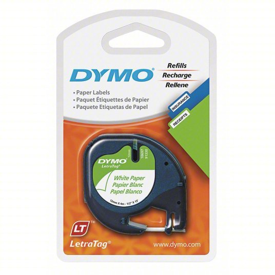 Dymo 10697 Paper Label Tape, 0.5"x13 ft., White, PK2