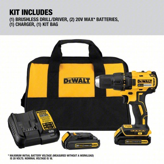 DeWalt DCD777C2 Drill 20V DC, Compact, 1/2 in Chuck, 1,750 RPM Max., Brushless Motor, (2) 1.5 Ah, 20V MAX
