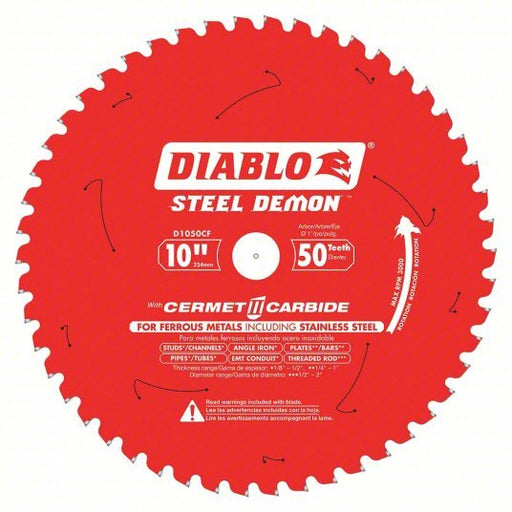 Diablo D1050CF Circular Saw Blade 10 in Blade Dia., 50 Teeth, 0.083 in Cut Wd, 1 in Arbor Size, Solid Stock