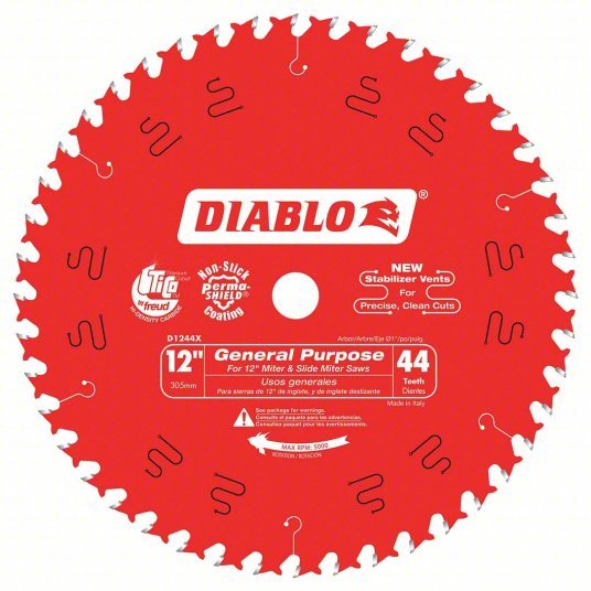 Diablo D1244X Circular Saw Blade 12 in Blade Dia., 44 Teeth, 0.098 in Cut Wd, 1 in Arbor Size