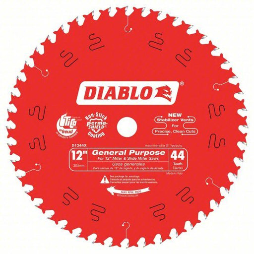 Diablo D1244X Circular Saw Blade 12 in Blade Dia., 44 Teeth, 0.098 in Cut Wd, 1 in Arbor Size