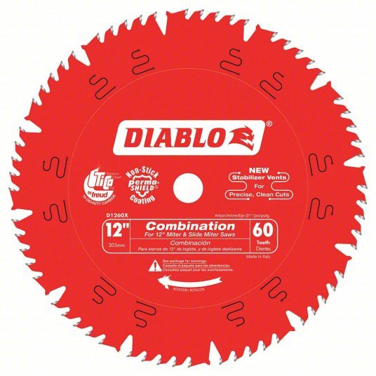 Diablo D1260X Circular Saw Blade 12 in Blade Dia., 60 Teeth, 0.118 in Cut Wd, 1 in Arbor Size