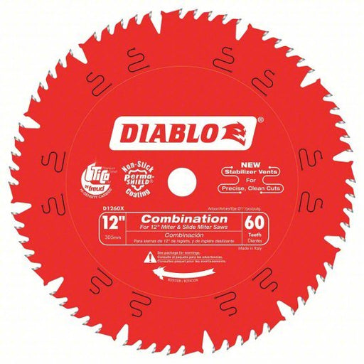 Diablo D1260X Circular Saw Blade 12 in Blade Dia., 60 Teeth, 0.118 in Cut Wd, 1 in Arbor Size